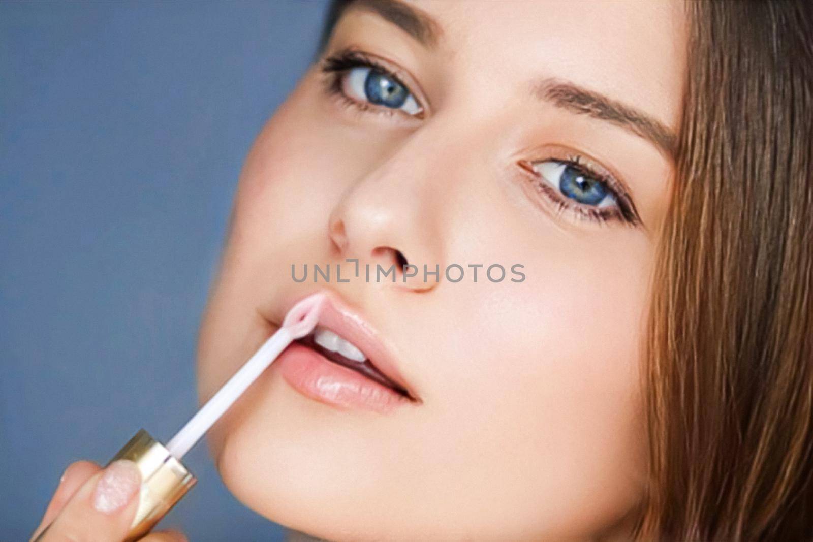 Beauty, makeup and skincare cosmetics model face portrait, beautiful woman applying lip gloss, cosmetic product and glamour make-up closeup