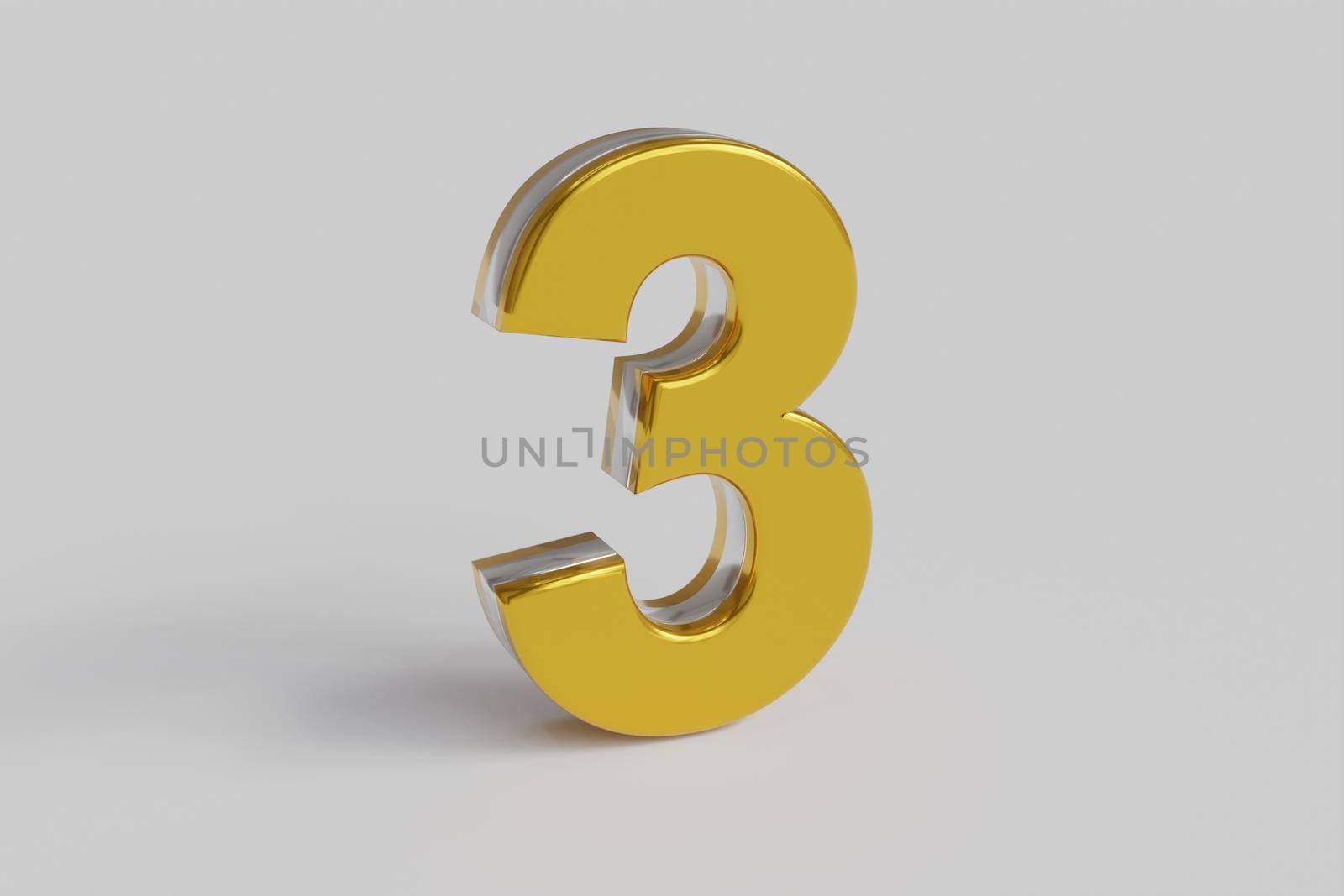 Glossy letter number Three 3D render gold font with silver outline isolated over white background with shadow and reflection. Clipping path included.