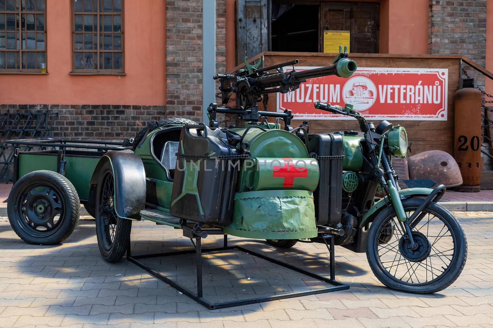 Stare Mesto, Czech Republic 29 April 2022 KOVOZOO original exhibition with animals and technology from recycled old scrap Modern art plus exhibition of historical technology. scrap iron motorbike