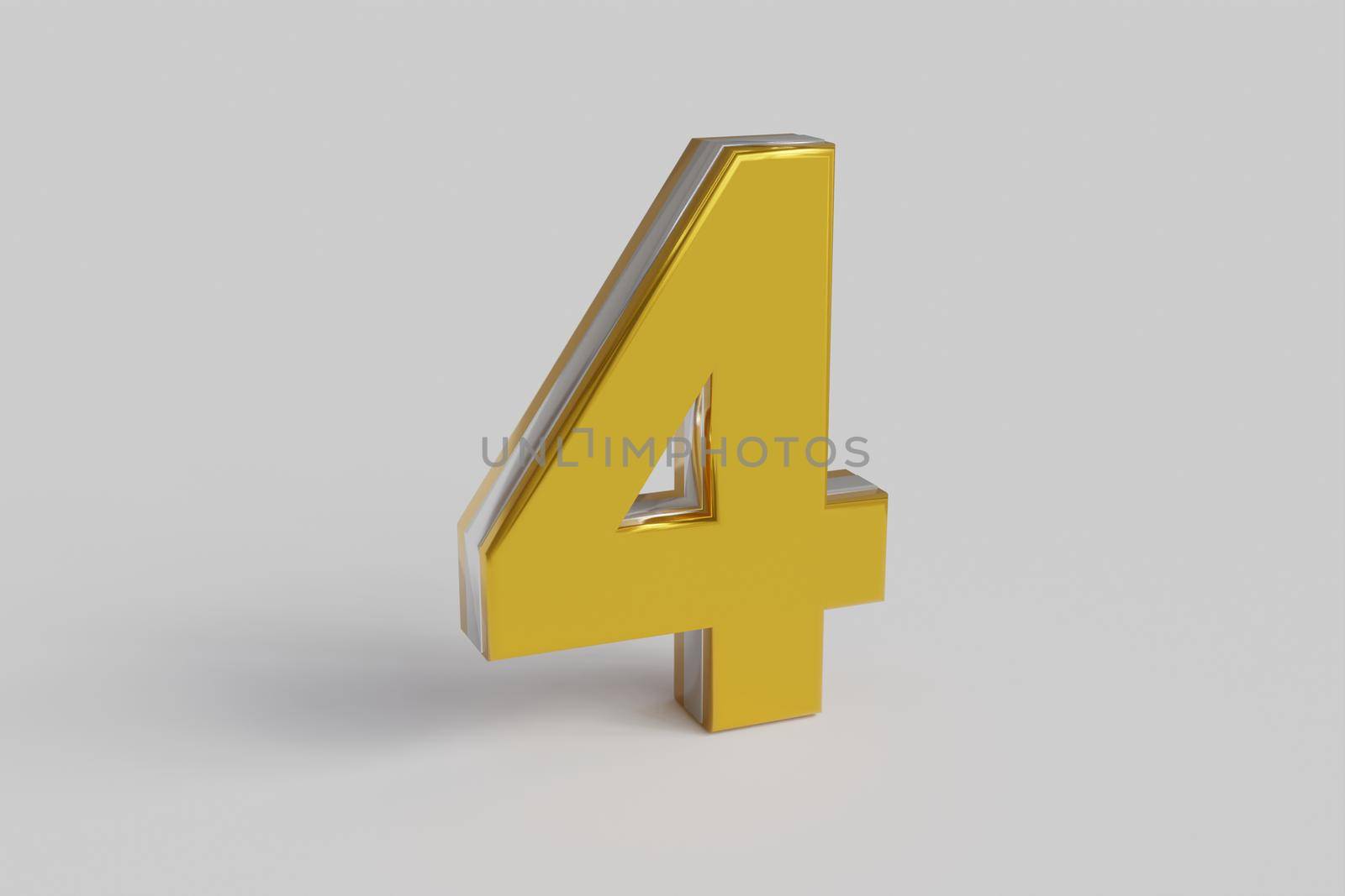 Glossy letter number Four 3D render gold font with silver outline isolated over white background with shadow and reflection. Clipping path included.