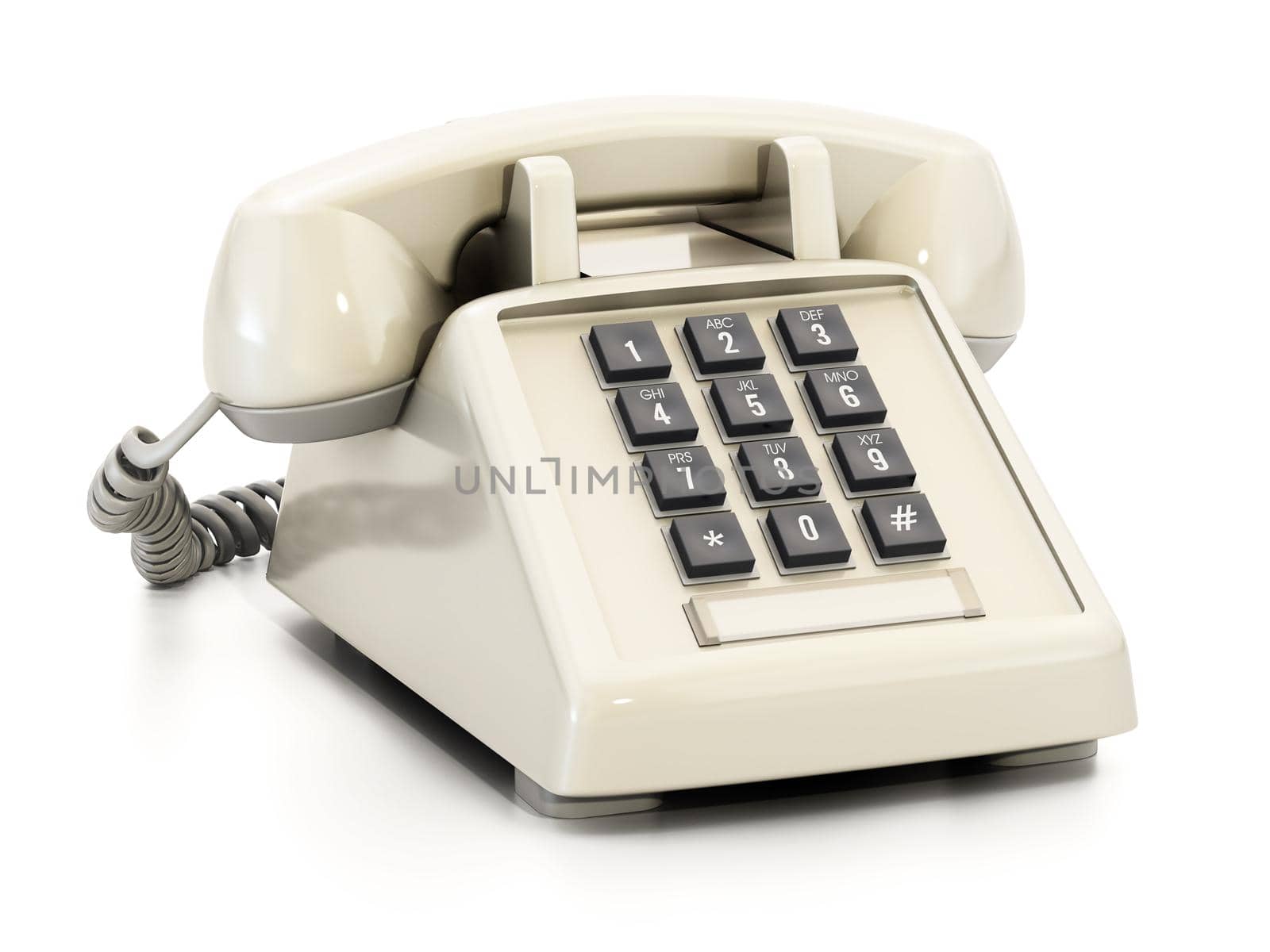 Retro analogue telephone with keys isolated on white background. 3D illustration by Simsek