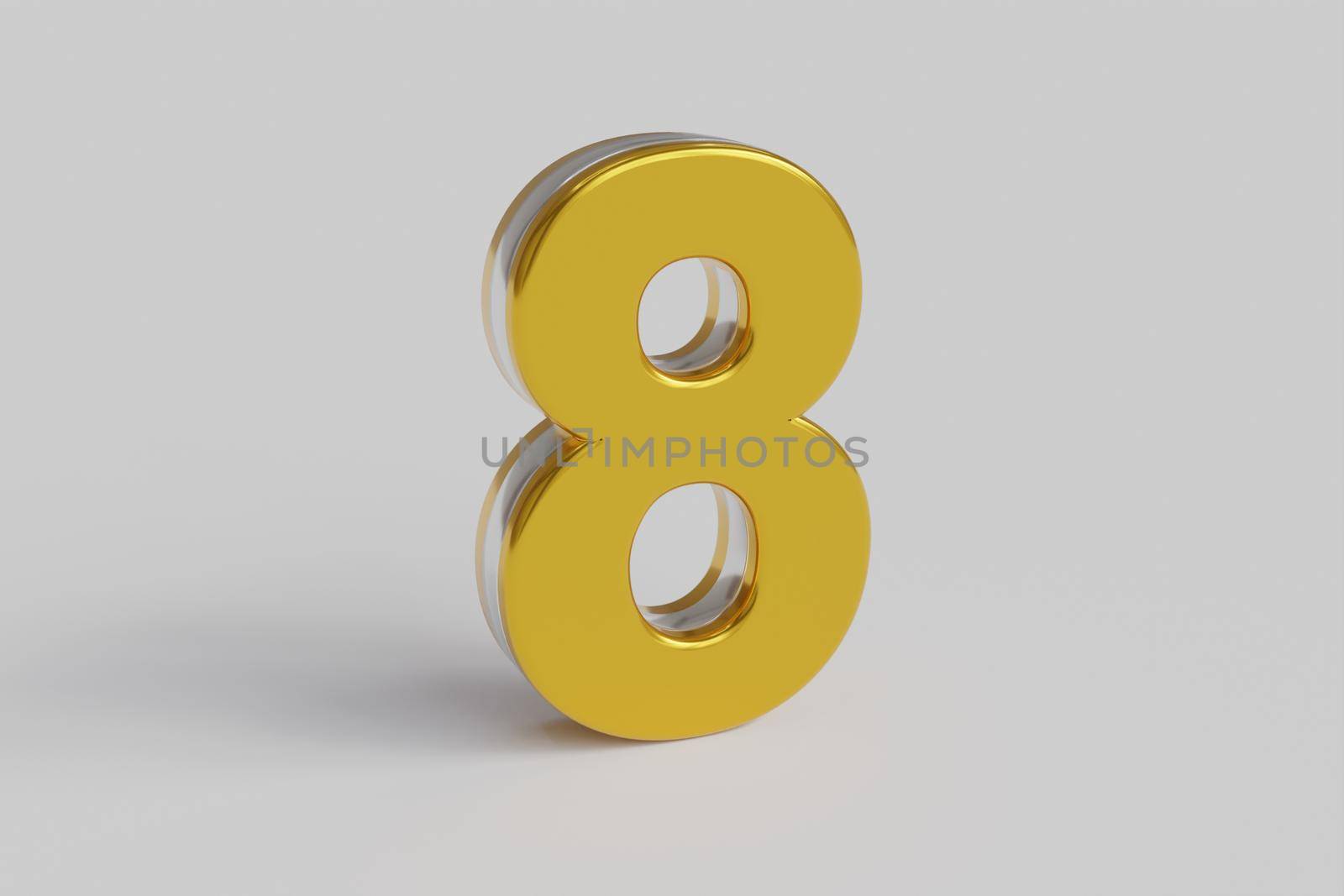 Glossy letter number Eight 3D render gold font with silver outline isolated over white background with shadow and reflection. Clipping path included.