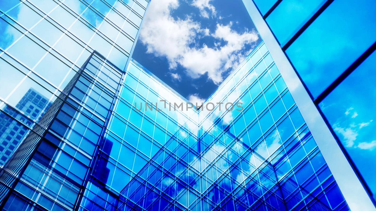 Glass buildings business concept. The glass facade of a skyscraper with a mirror reflection of sky windows. Bright sunny day with sunbeams in the blue sky. Modern buildings background. 3d Rendering