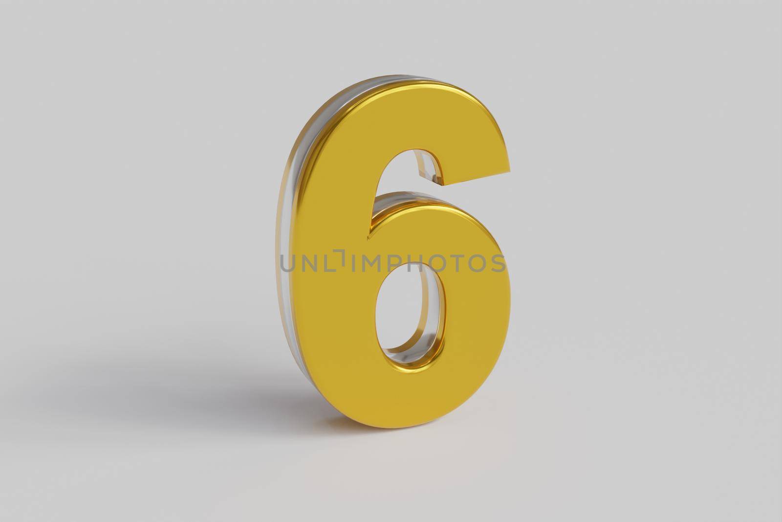 Glossy letter number Six 3D render gold font with silver outline isolated over white background with shadow and reflection. Clipping path included.