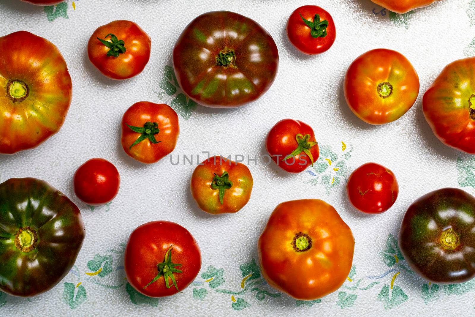 A variety of freshly harvested heirloom tomatoes set out on a cutting board.