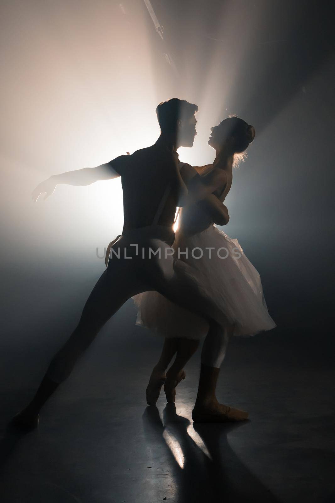 Professional ballet couple dancing in spotlights smoke on big stage. Beautiful young woman and man on floodlights background. Emotional duet performing choreographic art