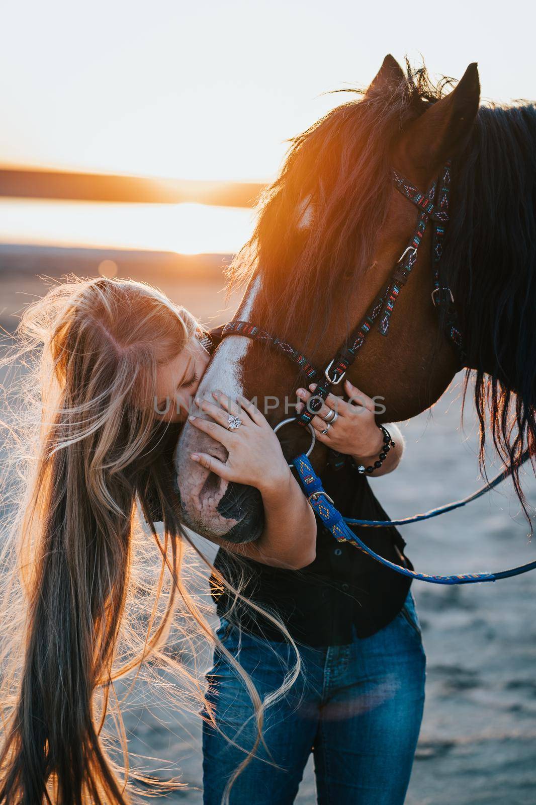 Blonde woman stroking and hugging horse. Beautiful lady with black stallion enjoying sunset nature. Love and friendship concept