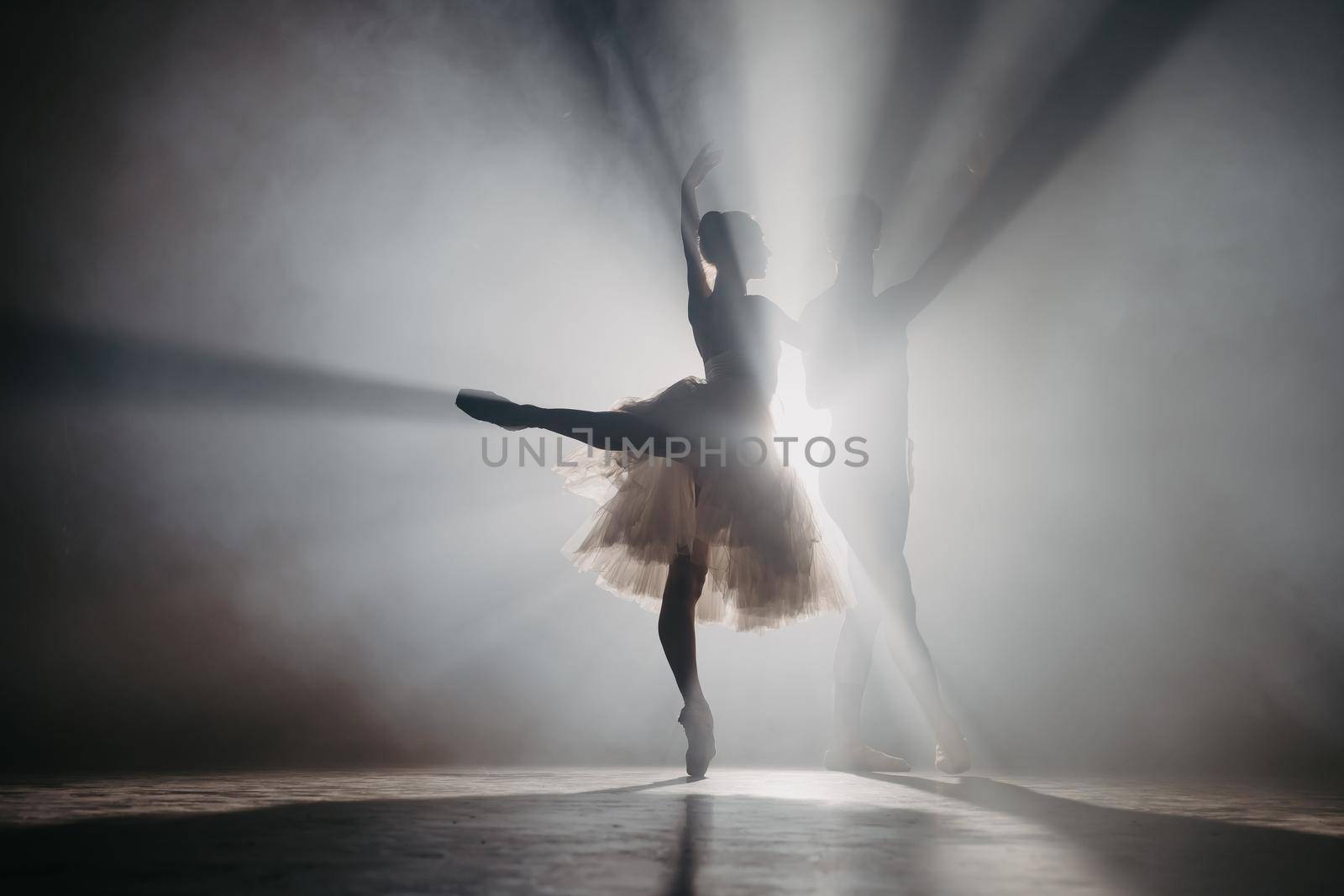 Graceful ballerina and her male partner dancing elements of classical or modern ballet in dark with floodlight backlight. Couple in smoke on black background. Art concept