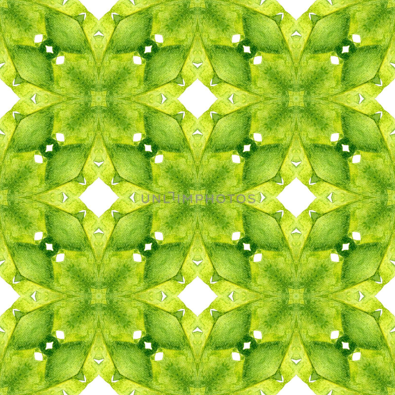 Hand drawn green mosaic seamless border. Green appealing boho chic summer design. Mosaic seamless pattern. Textile ready quaint print, swimwear fabric, wallpaper, wrapping.