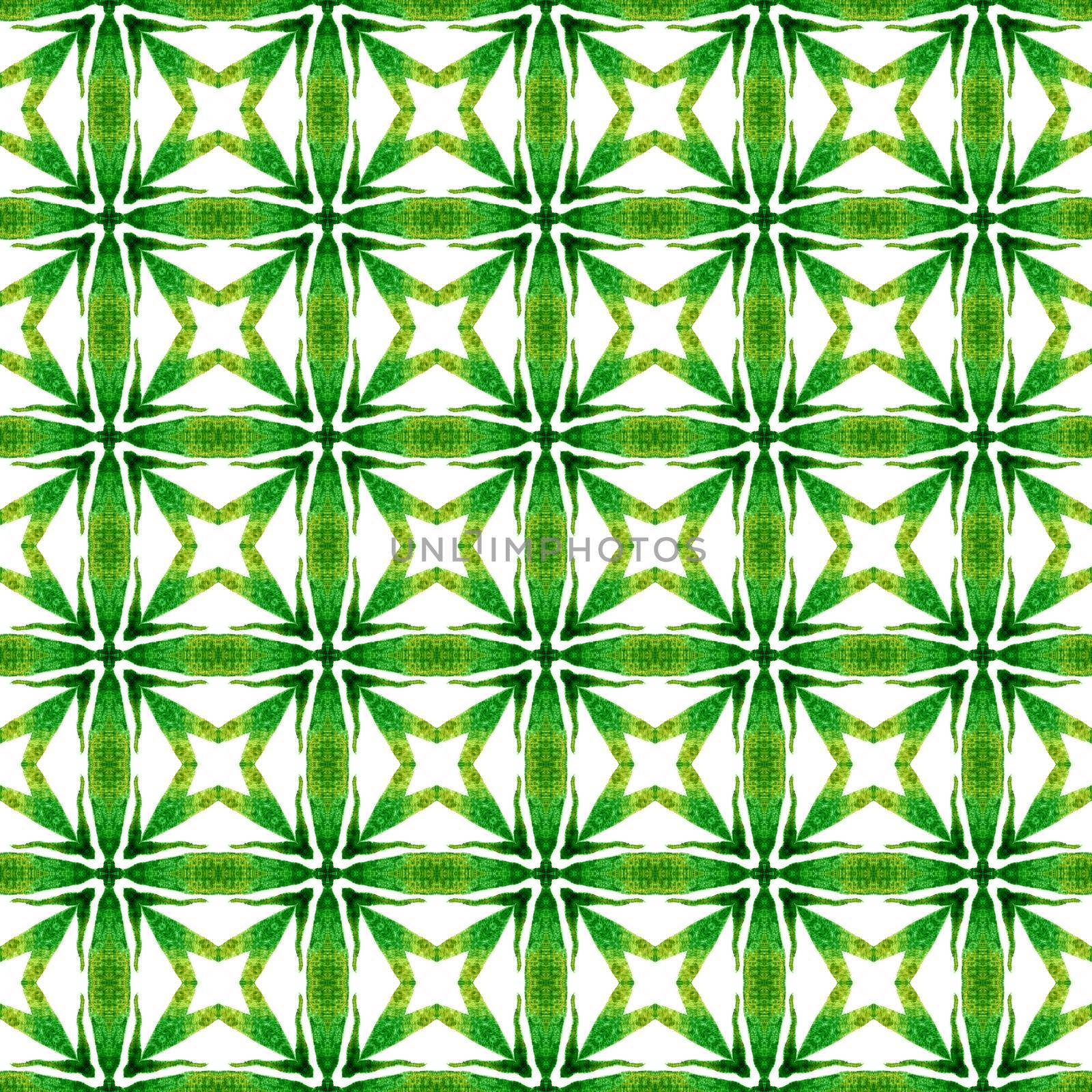 Textile ready Actual print, swimwear fabric, wallpaper, wrapping. Green good-looking boho chic summer design. Chevron watercolor pattern. Green geometric chevron watercolor border.