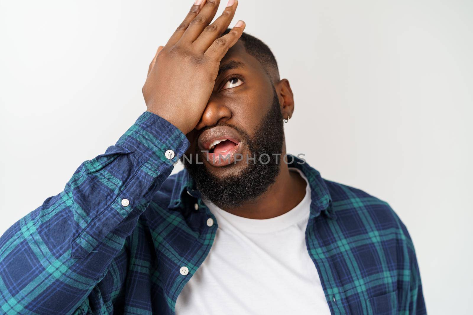 Portrait african american man sad expression with isolate white background.