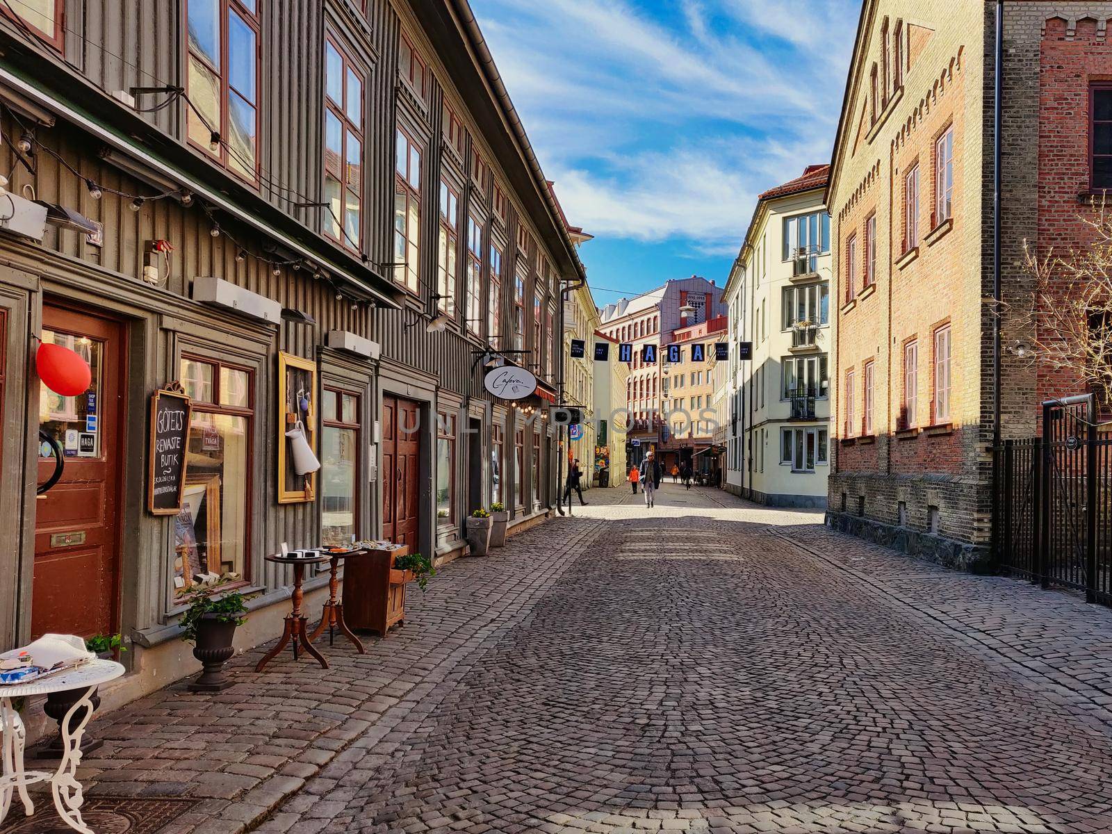 Gothenburg, Sweden- March 29 2020: Haga Charming Shopping Pedestrian Street. High quality photo