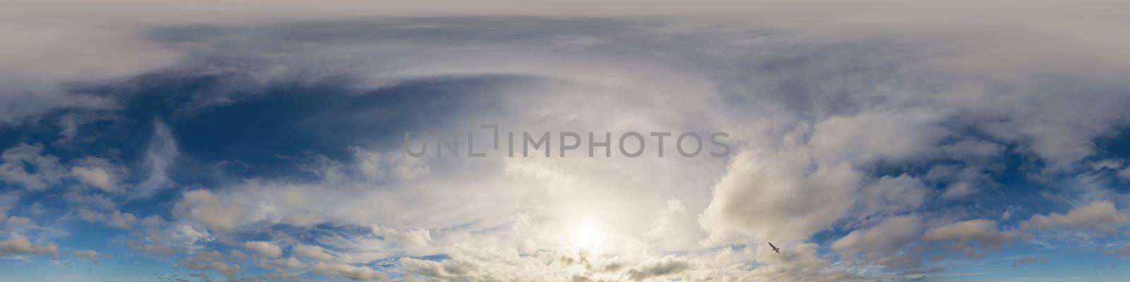 Sky panorama with Cirrus clouds in Seamless spherical equirectangular format. Full zenith for use in 3D graphics, game and editing aerial drone 360 degree panoramas for sky replacement