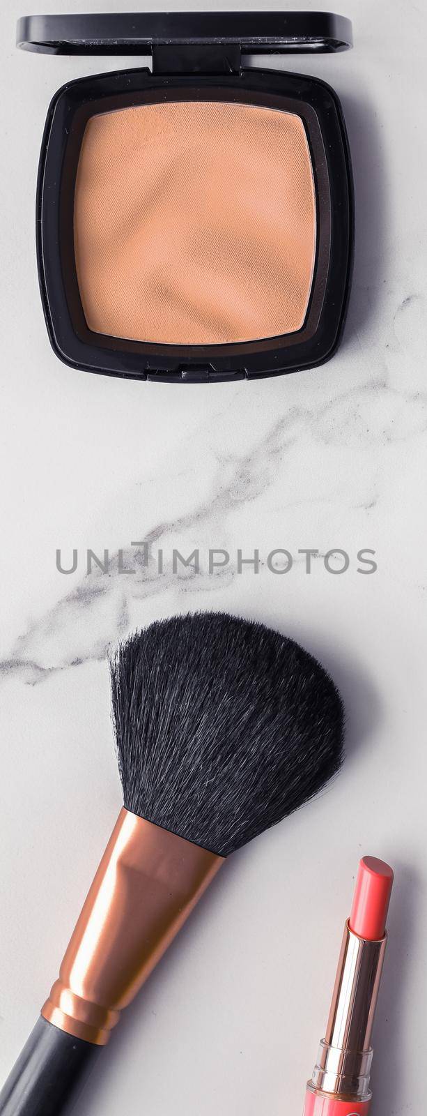 Modern feminine lifestyle, blog background and styled stock concept. Beauty and fashion inspiration - Make-up and cosmetics flatlay on marble