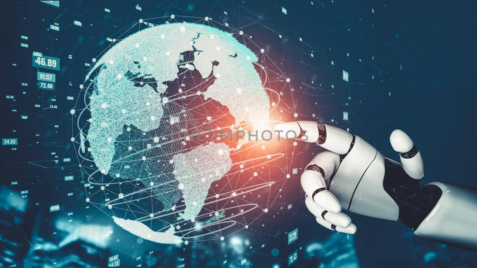 Futuristic robot artificial intelligence revolutionary AI technology development and machine learning concept. Global robotic bionic science research for future of human life. 3D rendering graphic.