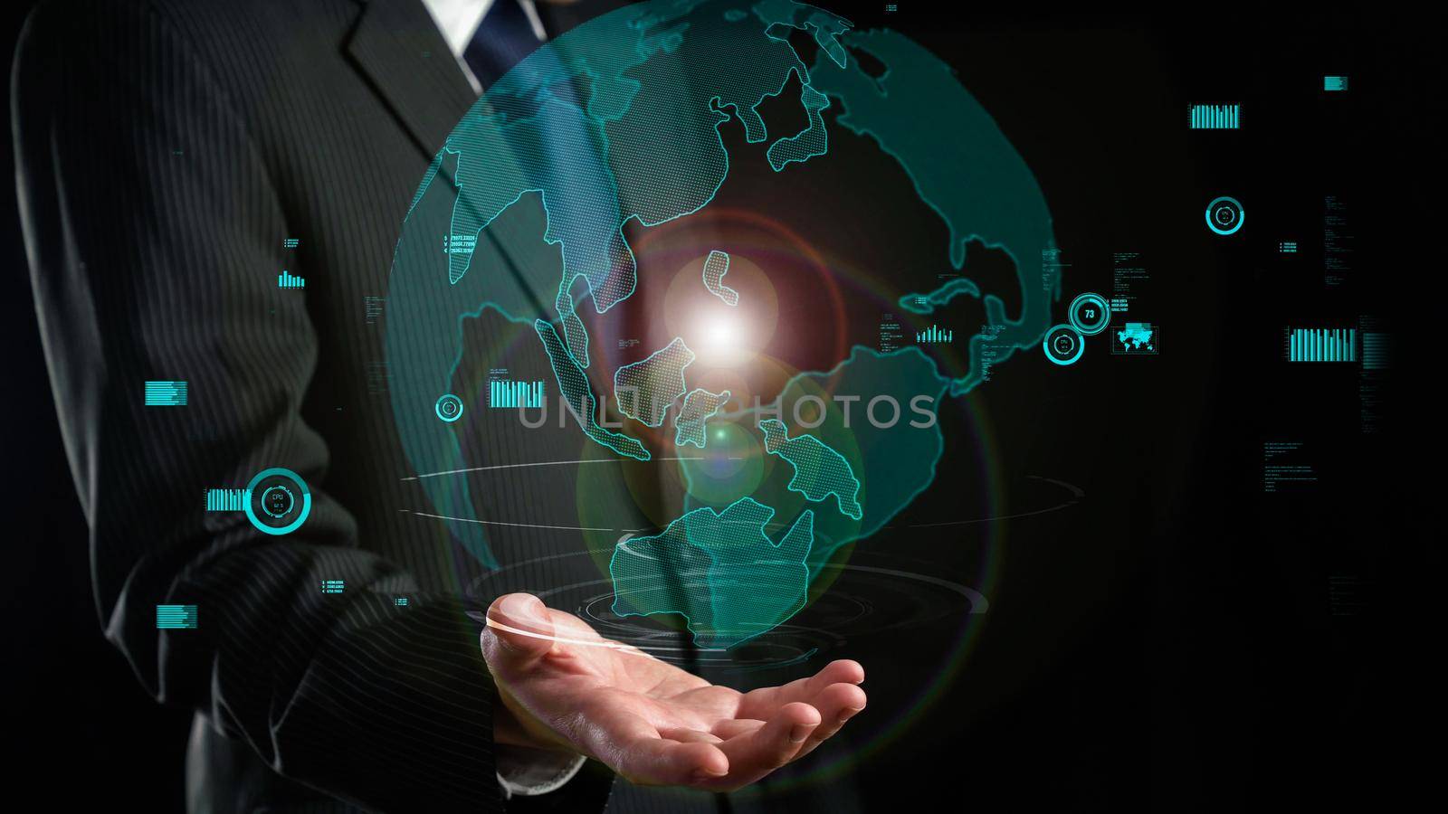 Businessman show hologram of global business communication allusive technology by biancoblue