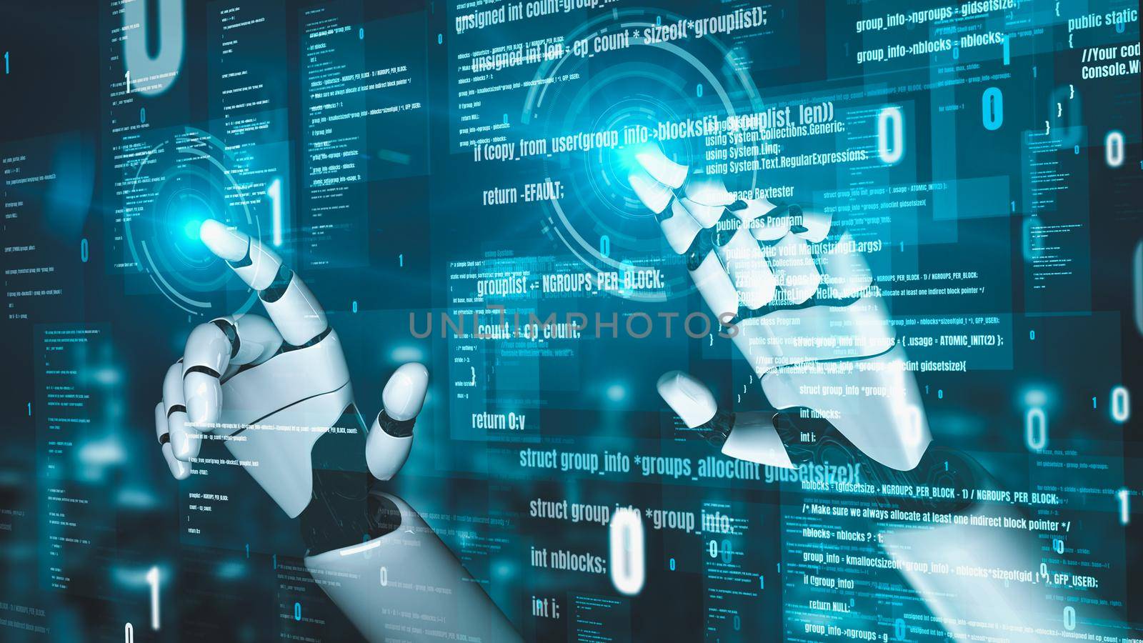 Futuristic robot artificial intelligence enlightening AI technology development and machine learning concept. Global robotic bionic science research for future of human life. 3D rendering graphic.