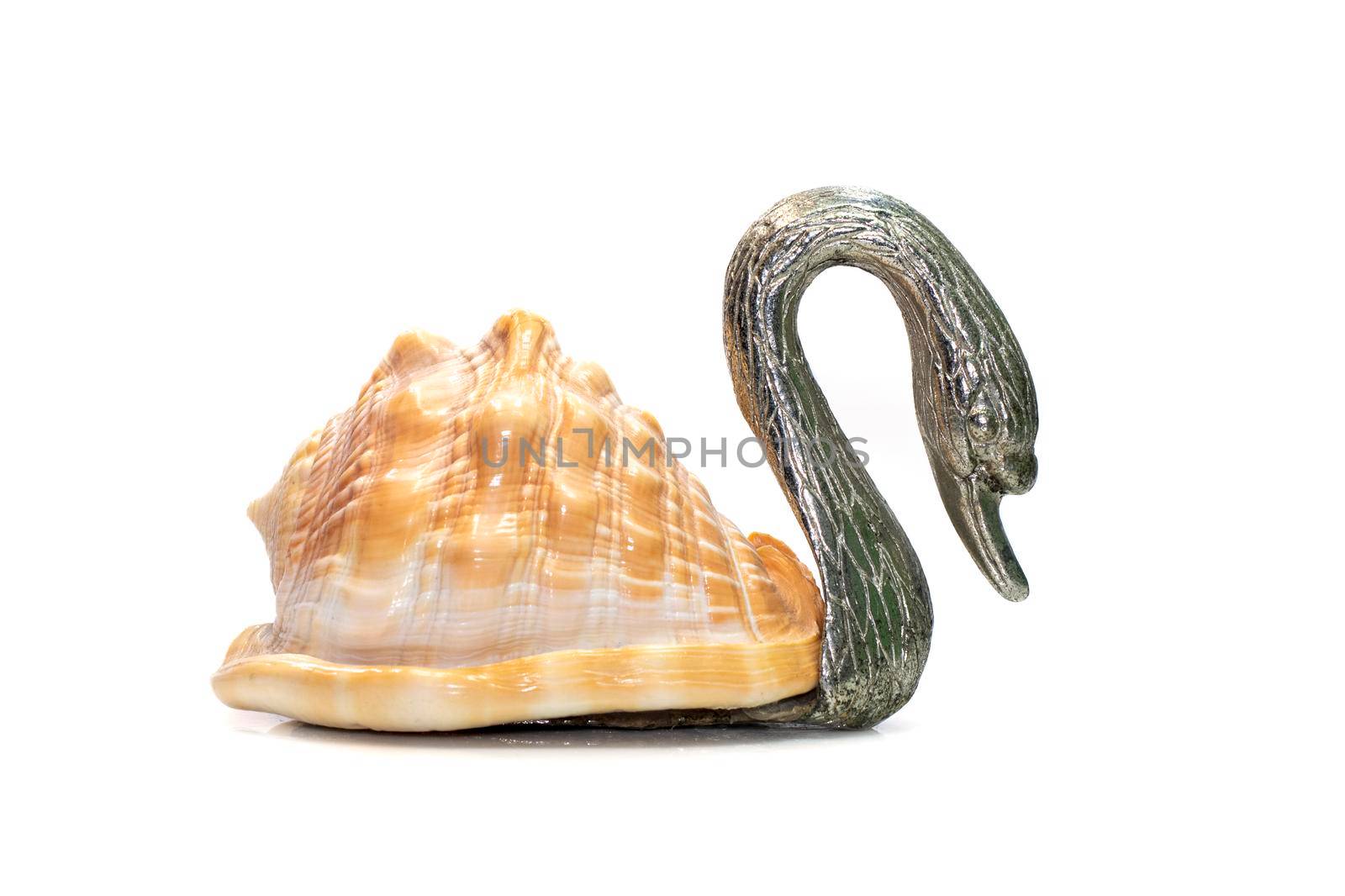 Image of swan sculpture with shells as part of its body. isolated on white background. Home decoration