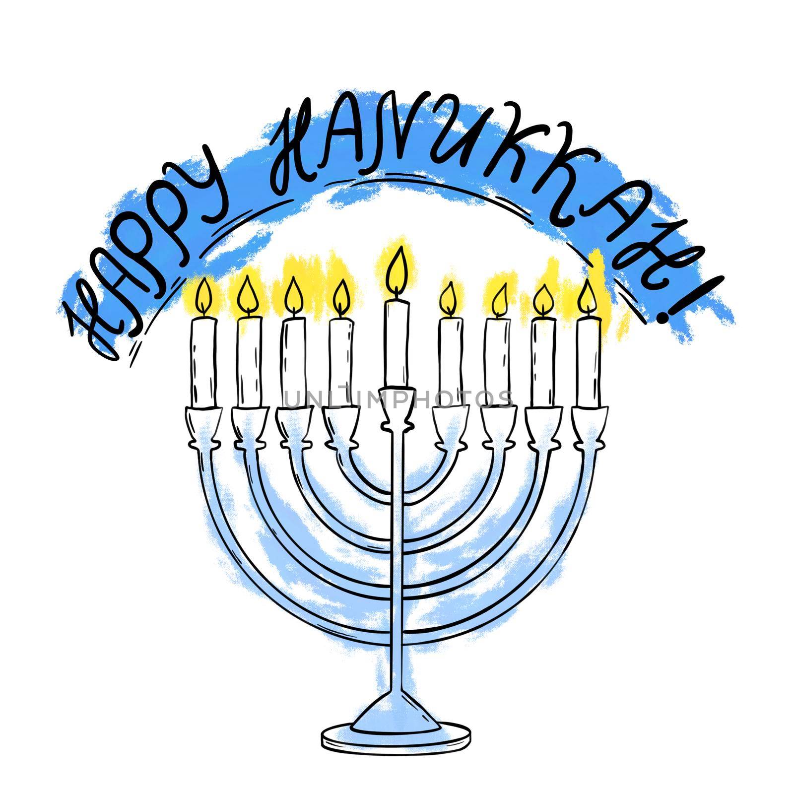 Hand drawn illustration of hannukah menorah with happy hannukah greeting . Burning blue yellow candles simple minimalist outline, judaism jew israeli design, religious religion hebrew print