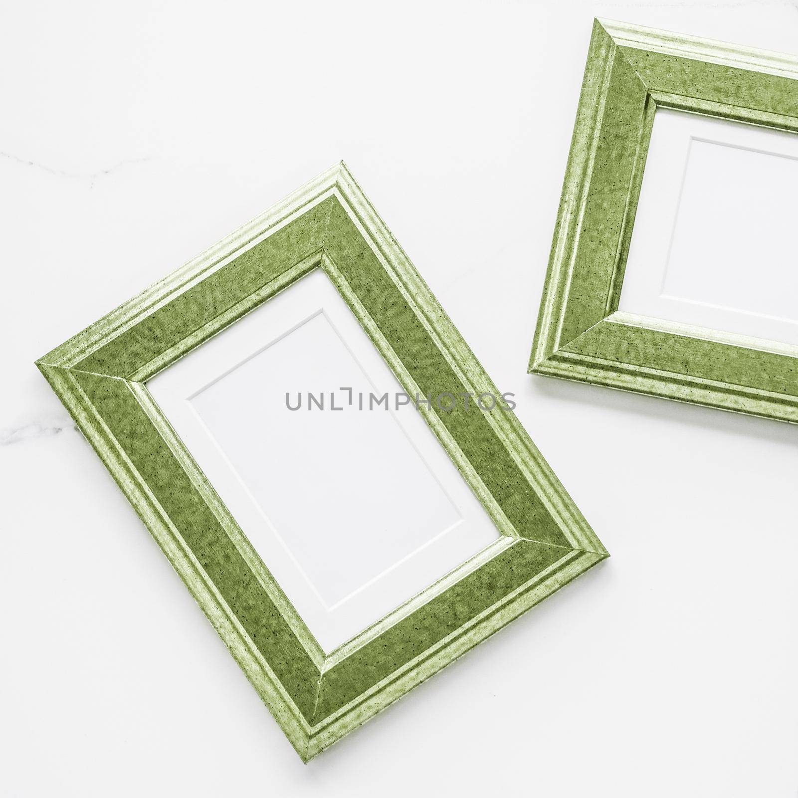 Modern feminine, artwork mock up, luxury design concept. Decorate with chic and style - Green photo frame on marble, flatlay