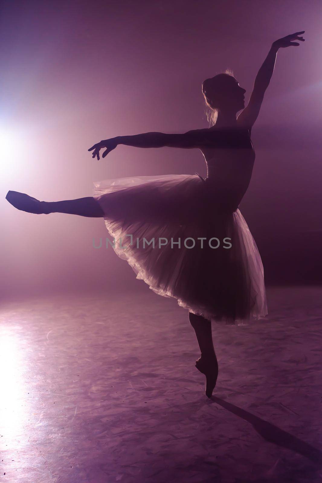 Ballet dancer in tutu performing, jumping on stage. Ballerina practices on floor in dark studio with smoke. Violet light