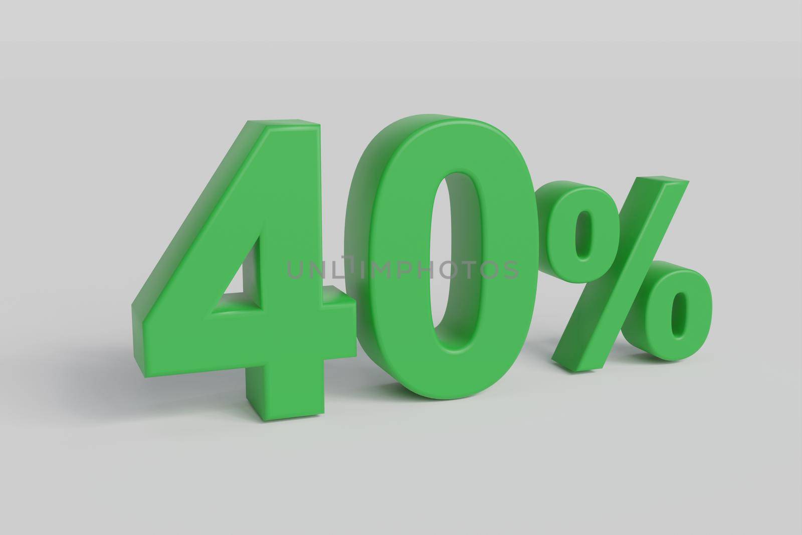 40% off on sale. Fourty percent 3D render green font isolated over white background with shadow and reflection. Clipping path included.
