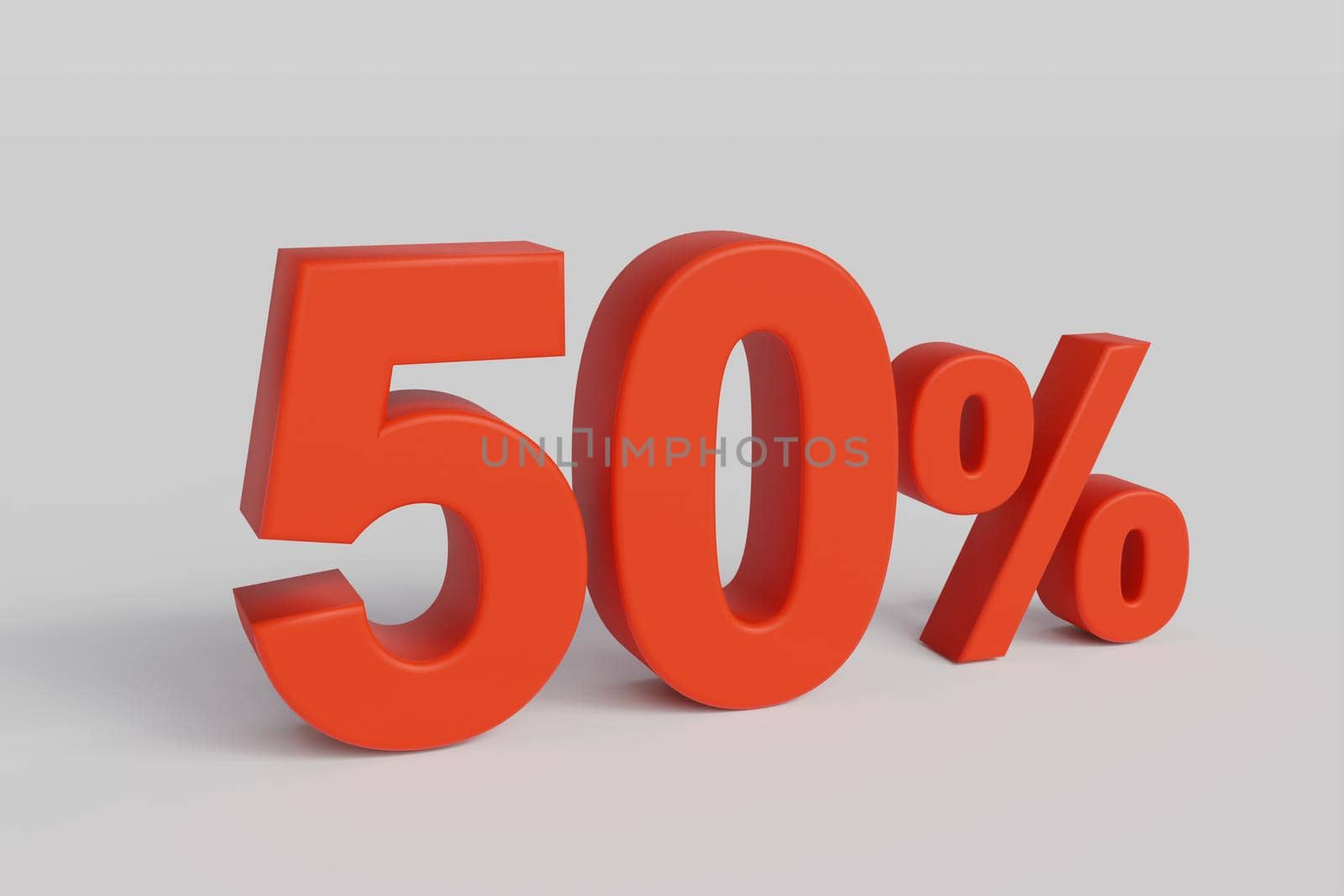 50% off on sale. Fifty percent 3D render red font isolated over white background with shadow and reflection. Clipping path included.