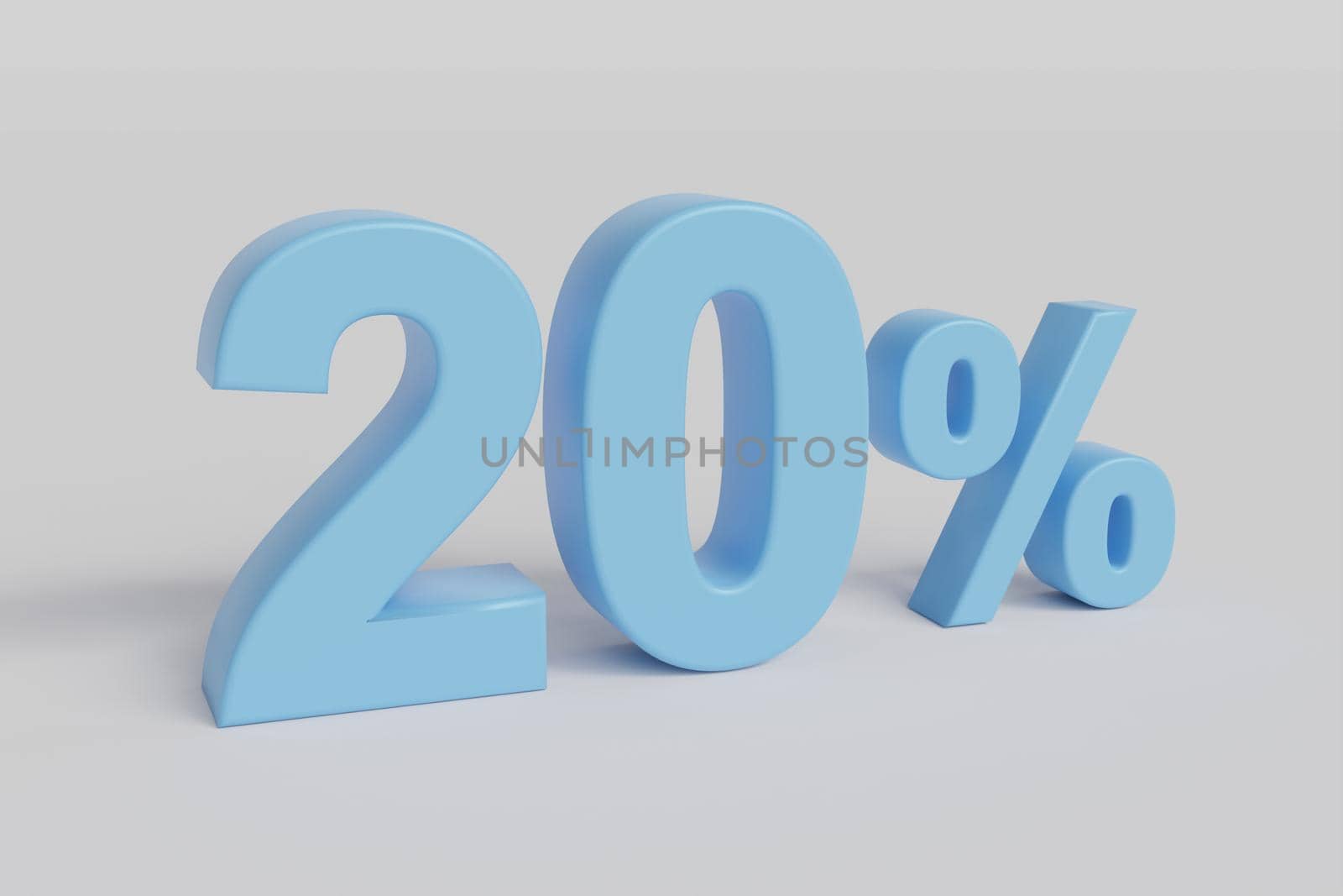 20% off on sale. Twenty percent 3D render blue font isolated over white background with shadow and reflection. Clipping path included.