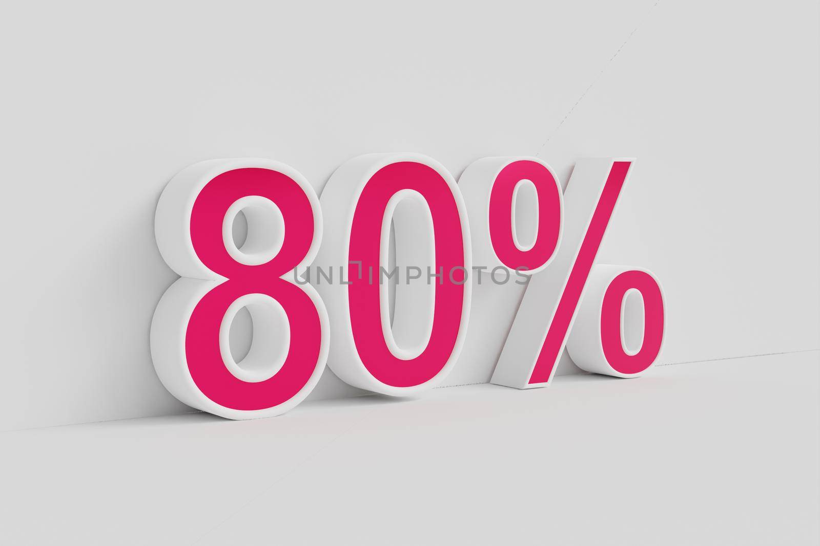 80% off on sale. Eighty percent 3D render red font with white outline isolated over white background with shadow and reflection. Clipping path included.