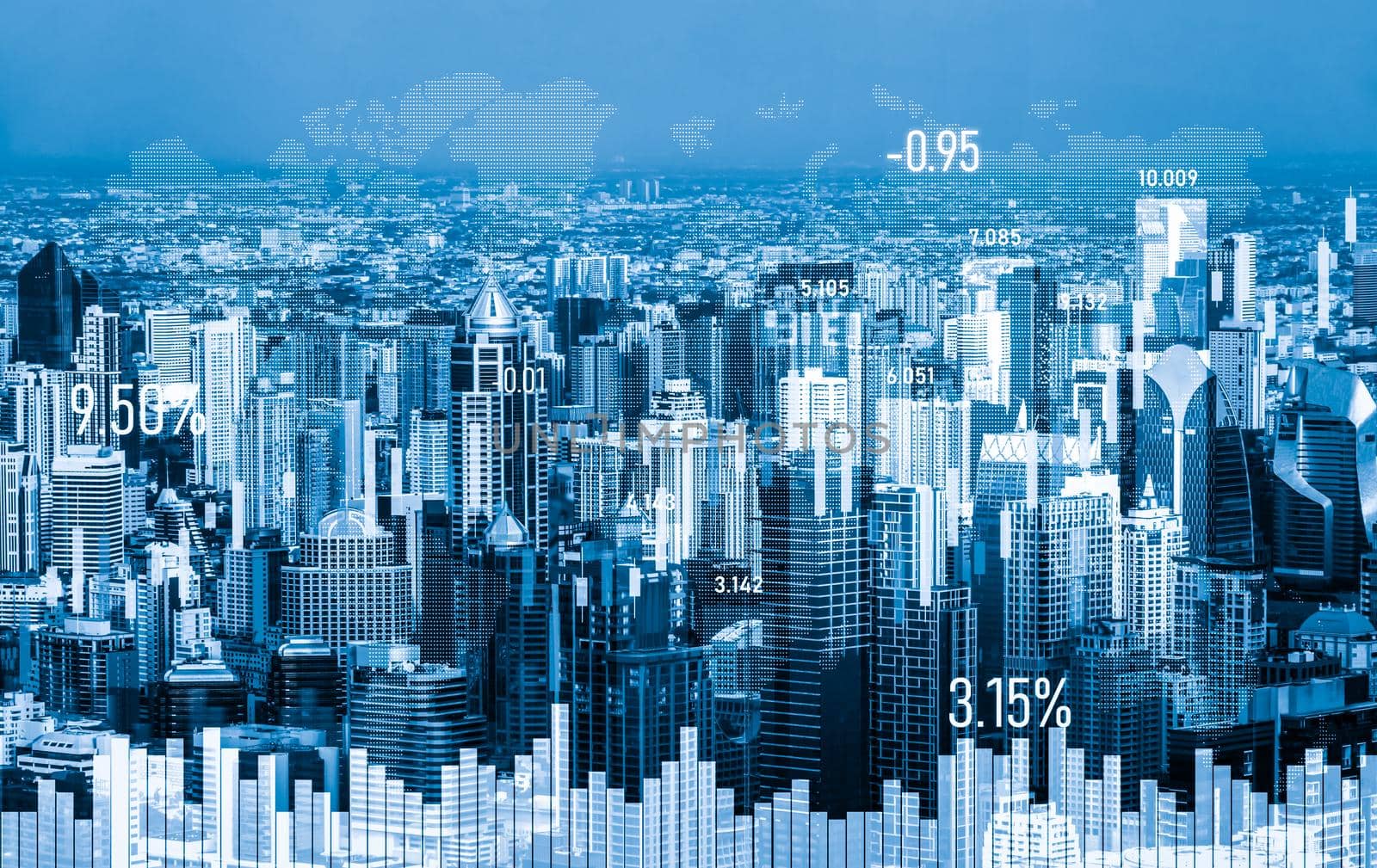 Stock market business concept. Financial graphs and digital indicators with modernistic urban area and skyscrapers as background. Double Exposure.