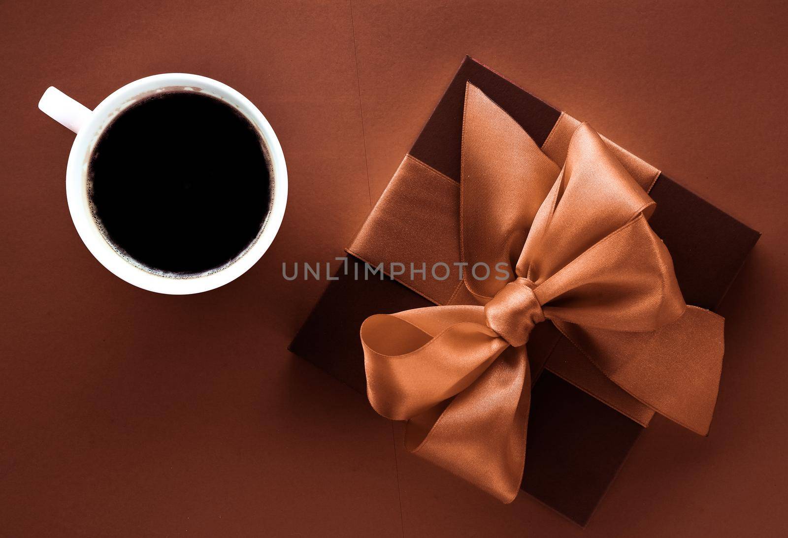 Coffee cup and luxury gift box flatlay background by Anneleven