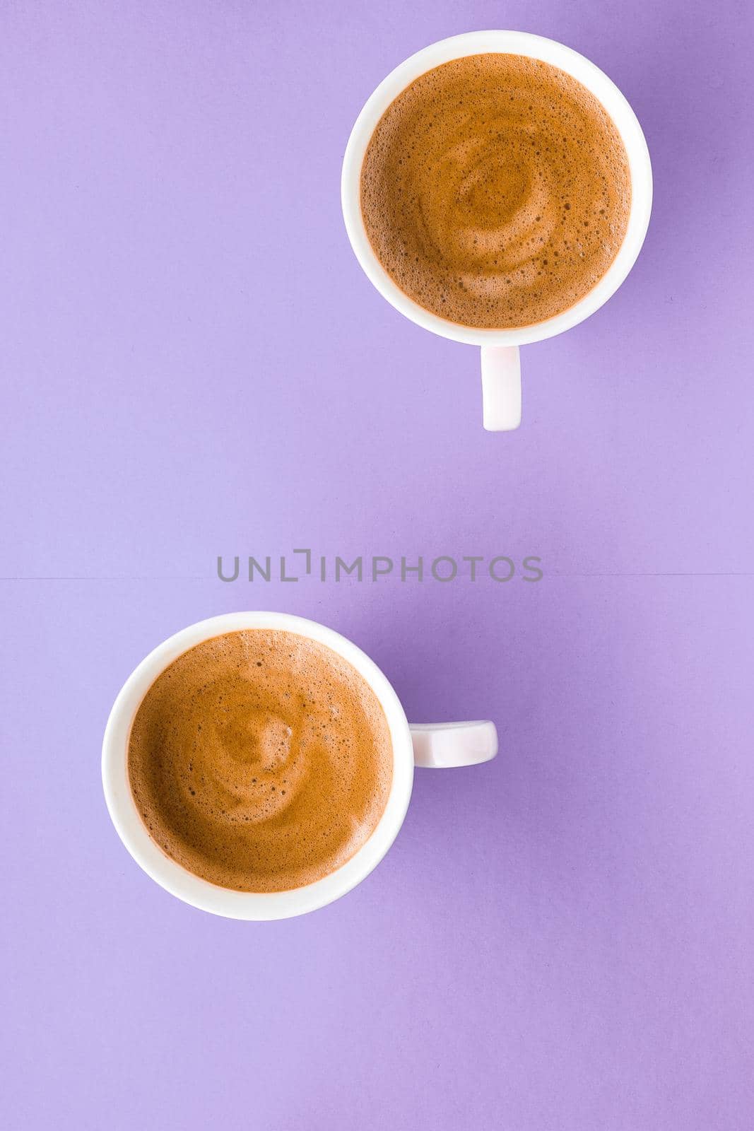 Breakfast, drinks and cafe menu concept - Coffee cup on purple background, top view flatlay