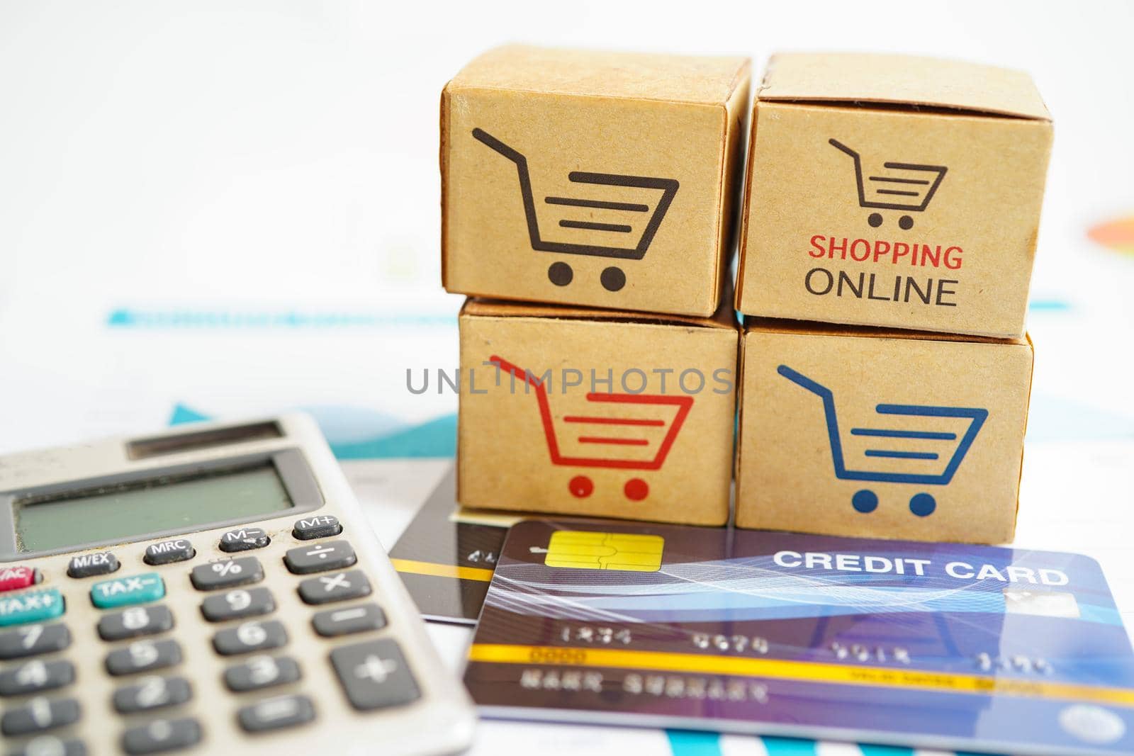 Online shopping, Shopping cart box with credit card , import export, finance commerce.