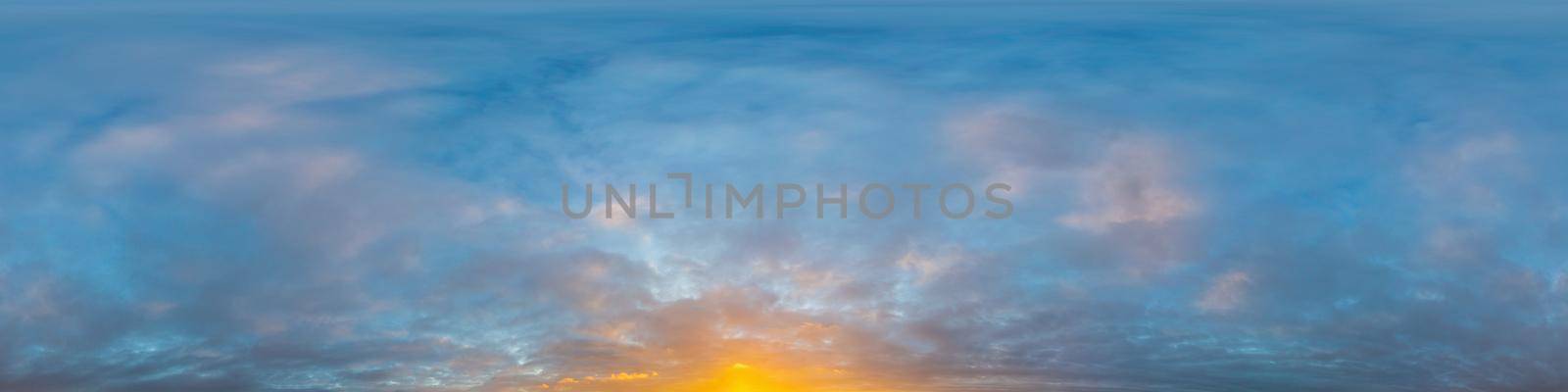 Dramatic sunset sky panorama with Cumulus clouds. Seamless hdr 360 pano in spherical equirectangular format. Complete zenith for 3D visualization, game and sky replacement for aerial drone panoramas by Matiunina