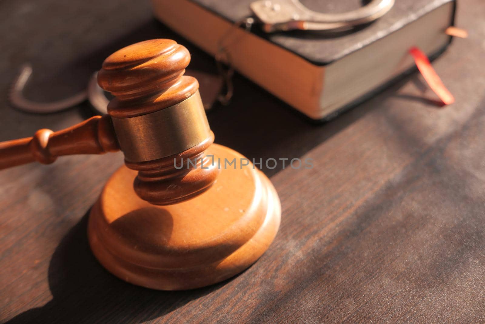 gavel and book on table close up ,