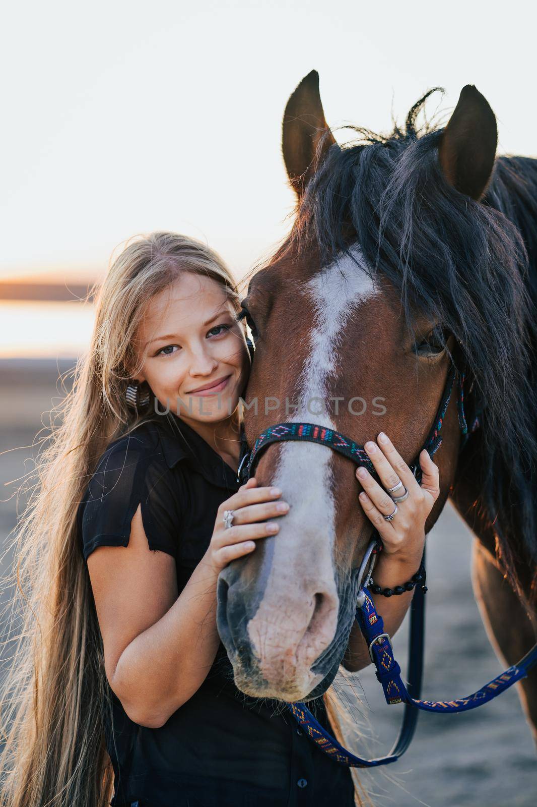 Blonde woman stroking and hugging horse. Beautiful lady with black stallion enjoying sunset nature. Love and friendship concept