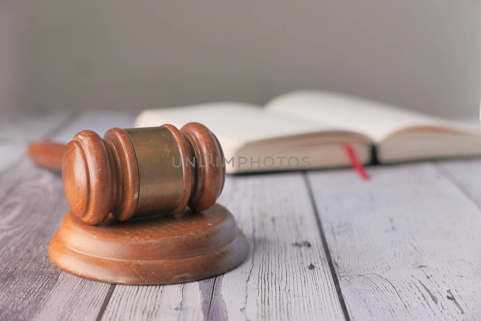 gavel and book with copy space on table .