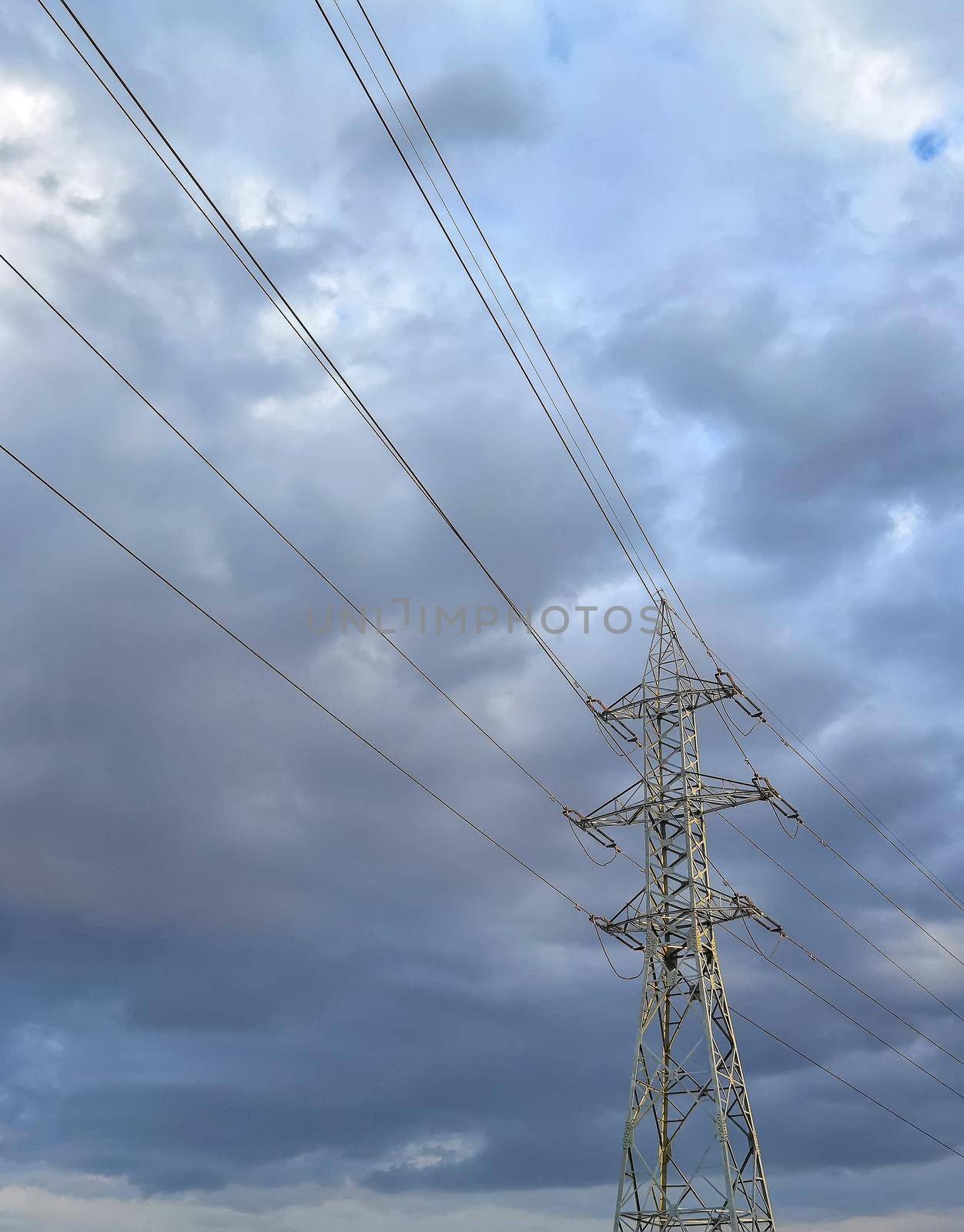 High voltage electric pole and transmission lines. Electricity pylons. Power and energy engineering system. 