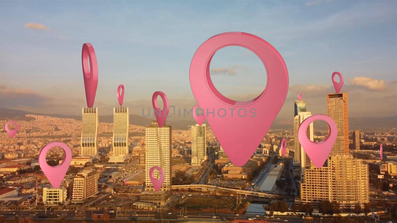 Aerial smart city. Localization icons in a connected futuristic city. Technology concept, data communication, artificial intelligence, internet of things. izmir skyline. High quality photo
