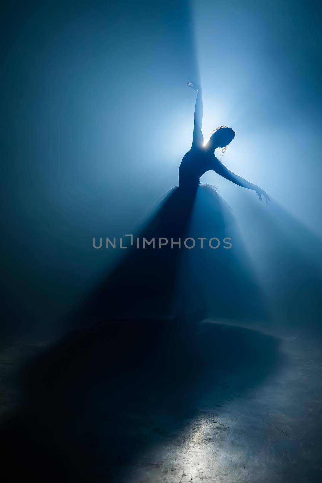 Ballet dancer in tutu performing, dancing on stage. Ballerina practices on floor in dark studio with smoke. Neon light. High quality photo
