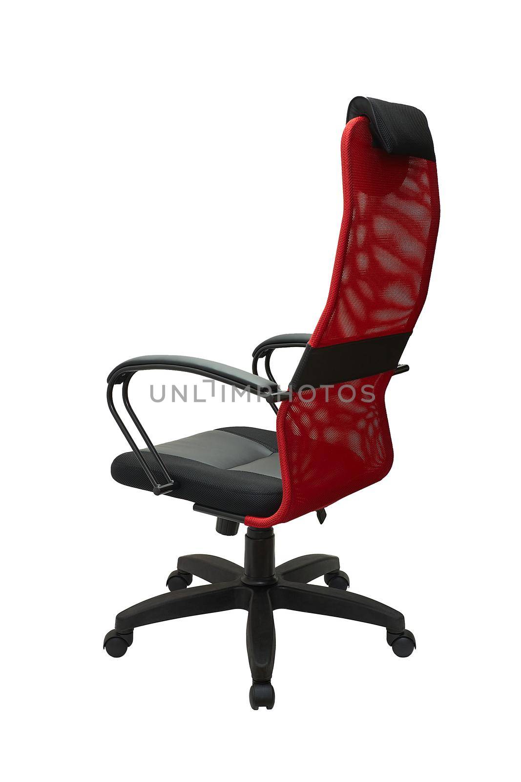red office fabric armchair on wheels isolated on white background, back view. modern furniture, interior, home design