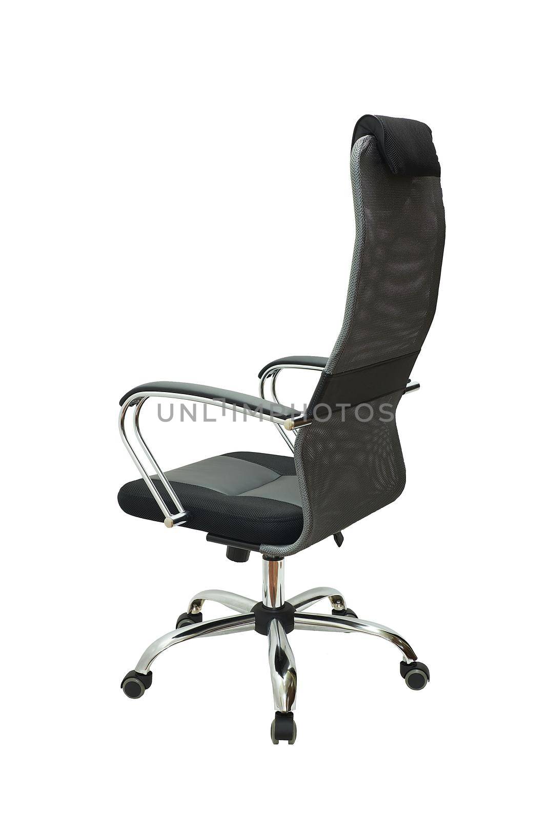 gray office fabric armchair on wheels isolated on white background, back view. modern furniture, interior, home design