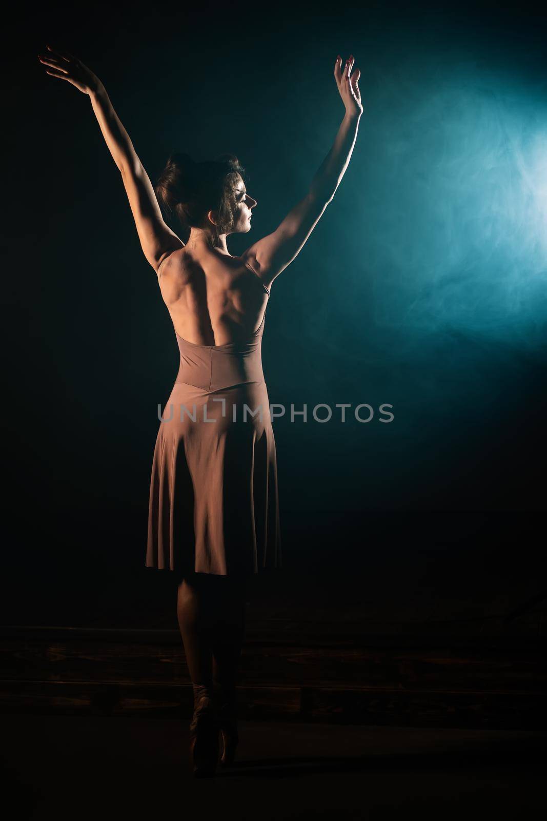 Graceful ballerina in dress dancing elements of classical or modern ballet in dark with floodlight backlight. Smoke on black background. Art concept. High quality photo