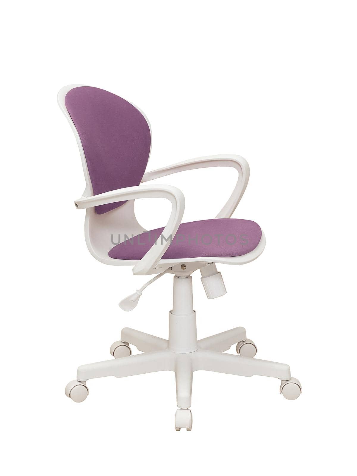 violet office fabric armchair on wheels isolated on white background, side view. modern furniture, interior, home design