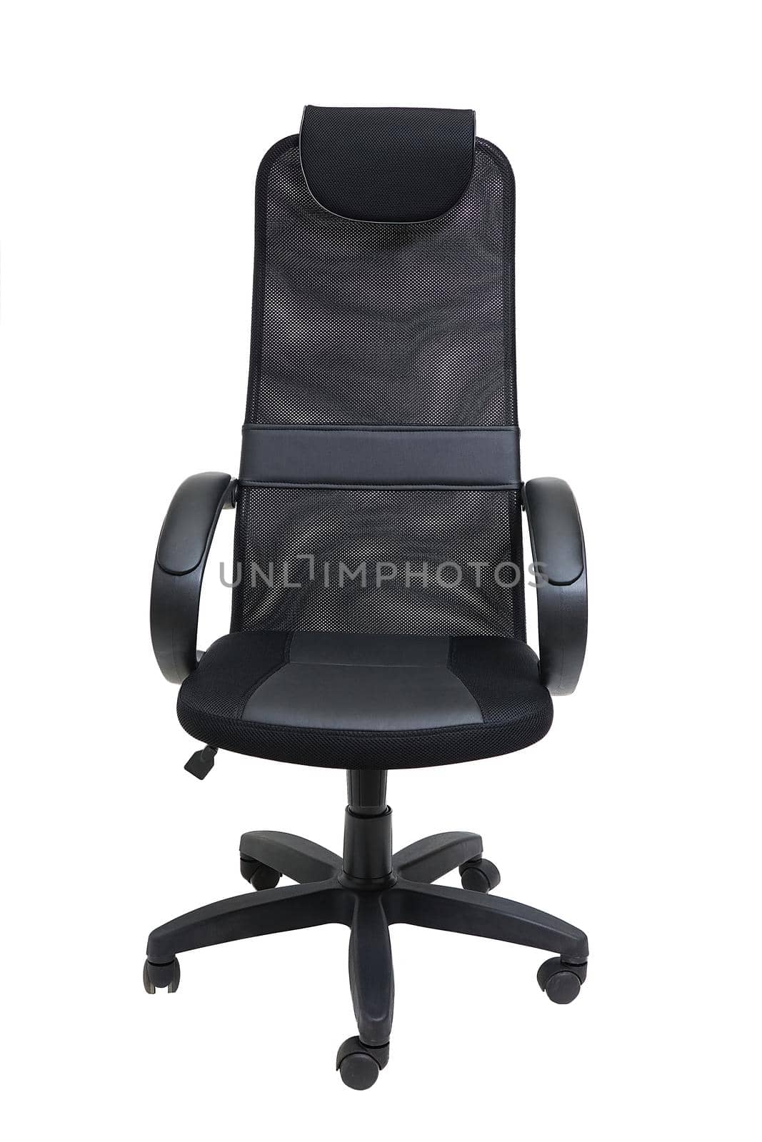 black office fabric armchair on wheels isolated on white background, front view. modern furniture, interior, home design