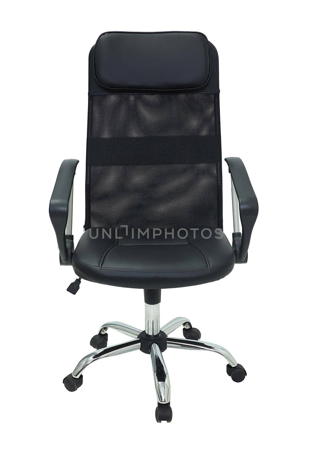 black office fabric armchair on wheels isolated on white background, front view. modern furniture, interior, home design