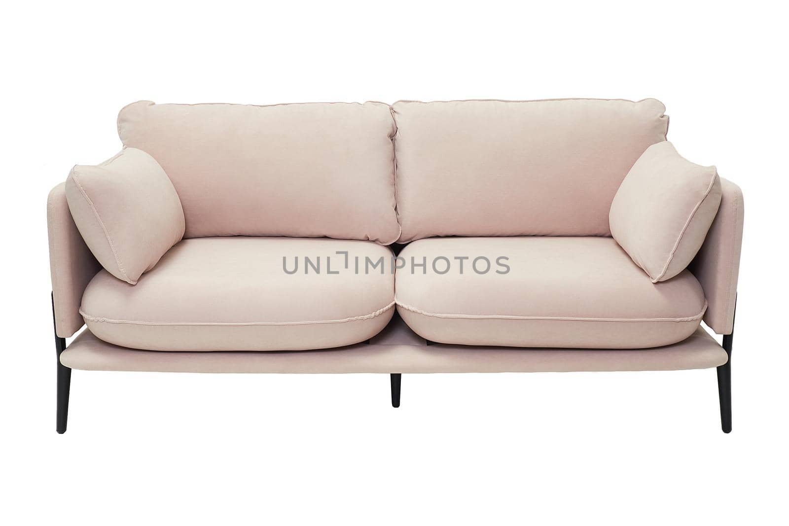 Modern pink fabric sofa with black wooden legs isolated on white background, front view. furniture, interior, home design in minimal style