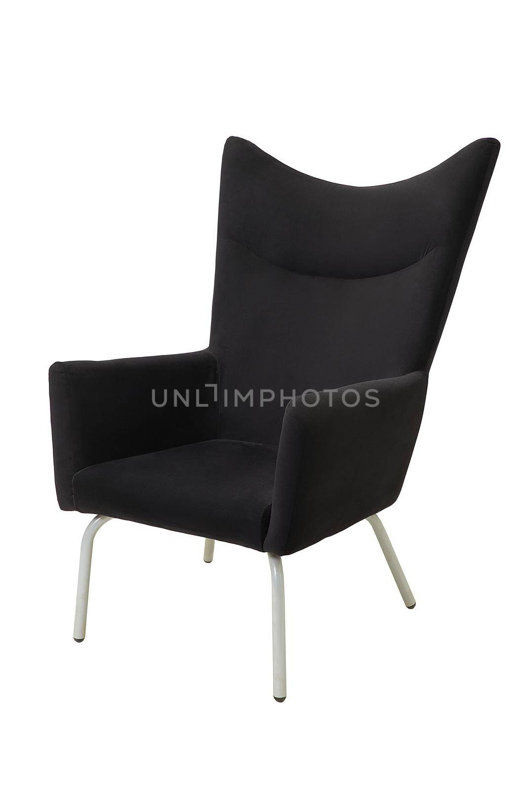 black office fabric armchair on metal legs isolated on white background, side view. modern furniture, interior, home design