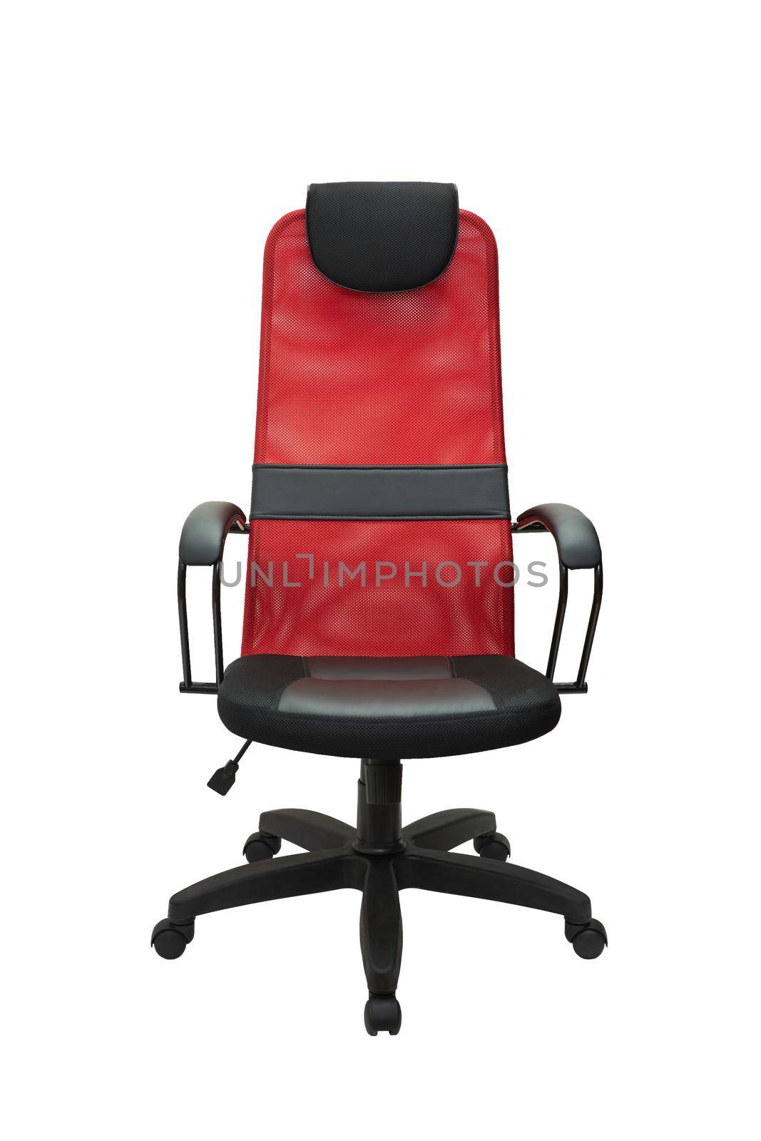 red office fabric armchair on wheels isolated on white background, front view. modern furniture, interior, home design