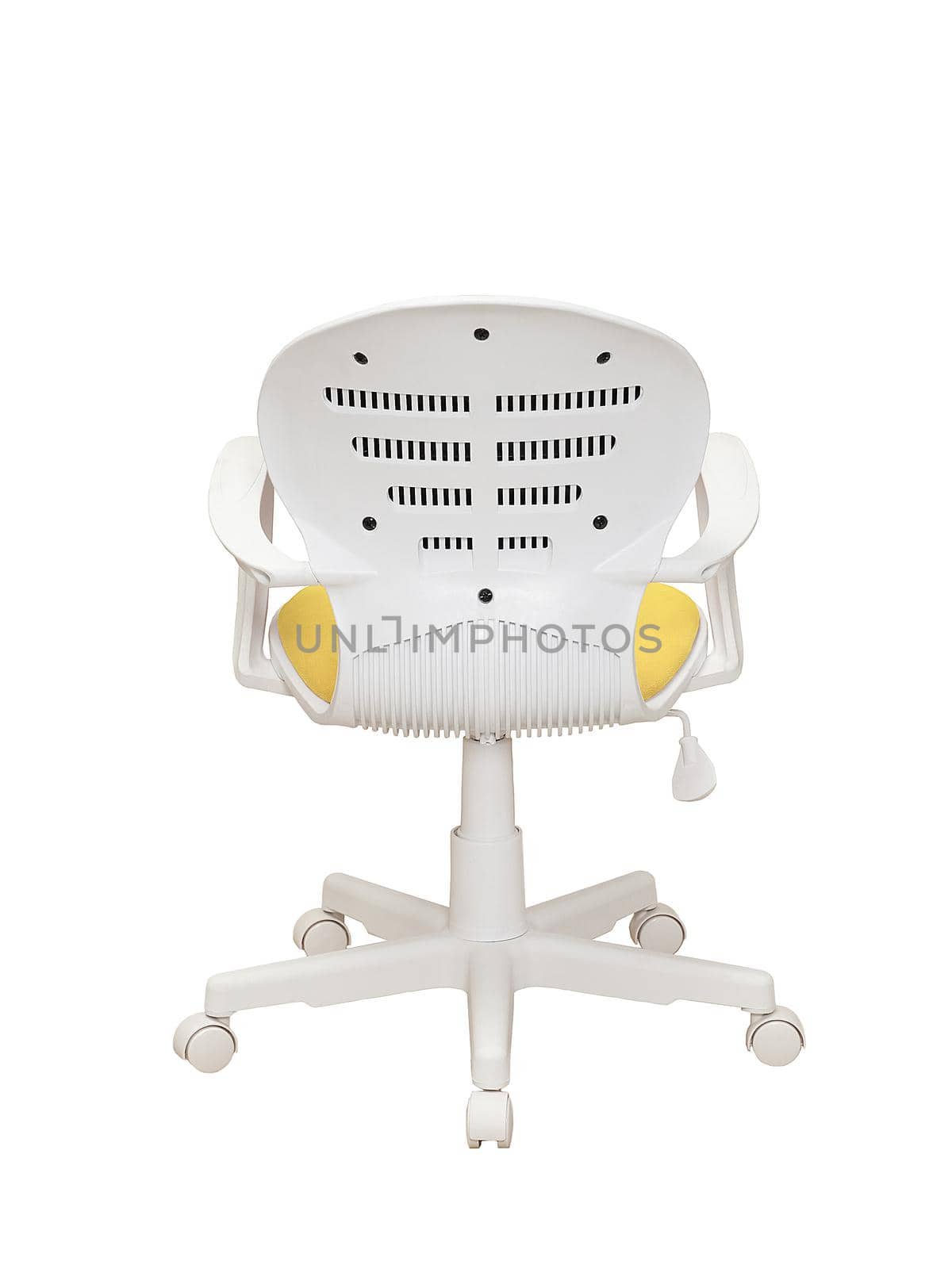 yellow office fabric armchair on wheels isolated on white background, back view. modern furniture, interior, home design